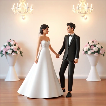 A bride, wearing an elegant white wedding gown with intricate lace details, is holding hands with a groom, who is dressed in a classic black tuxedo with a white shirt and a black bow tie. They are swaying gently on a polished wooden ballroom floor, surrounded by soft glowing lights. The ballroom is adorned with beautiful floral arrangements in shades of pink and white, with delicate chandeliers hanging above them, casting a warm light over the scene. The couple is smiling at each other, lost in the moment as they share their first dance.