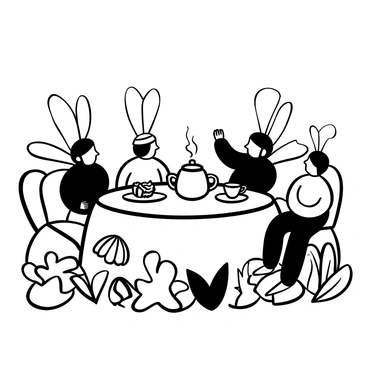 A whimsical tea party scene features several flies seated around a small round table. The table is adorned with a delicate tablecloth, and on it are tiny teacups filled with steaming tea. Various miniature snacks, such as tiny sandwiches and pastries, are placed on colorful plates. The setting is surrounded by oversized flowers and leaves, creating a playful atmosphere. A teapot sits in the center of the table, steam rising from its spout.