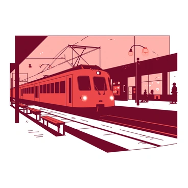 A red train is arriving at an empty train station, its bright headlights illuminating the platform. The station features tall, vintage-style benches along the sides, made of dark wood. In the background, there are large glass panels showcasing the outside view, which is obscured by the soft glow of orange street lamps. The pavement is slightly wet, reflecting the light from the train and the lamps, creating a tranquil atmosphere. No passengers are present, highlighting the stillness of the scene.