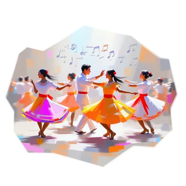 A vibrant scene featuring dancers from various cultures performing traditional dances. Each dancer is dressed in colorful, traditional attire representative of their heritage, showcasing intricate patterns and designs. The dancers are positioned in a dynamic arrangement, capturing the essence of their respective dances, with energetic movements and expressions of joy. Above them, there are flowing text lyrics in their native languages, elegantly hovering in the air, adding a layer of cultural richness to the scene. The atmosphere is lively, reflecting the diversity of the dance forms being represented.