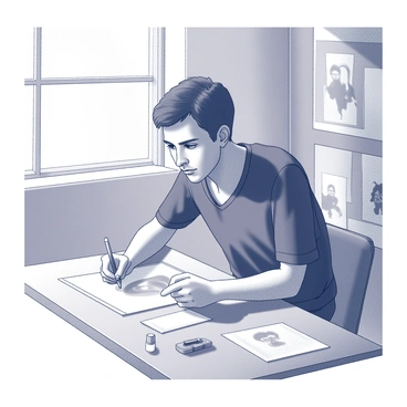 An artist is sitting at a wooden table in a quiet room, deeply focused on sketching a portrait. The artist holds a pencil in one hand, poised above a sheet of paper. The room is filled with soft light coming in through a nearby window, casting gentle shadows. Various art supplies are scattered across the table, including erasers and additional sheets of paper. The artist's expression shows intense concentration, with furrowed brows and pursed lips. The walls of the room are adorned with other sketches and paintings, adding to the creative atmosphere.