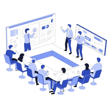 A conference room is filled with a focus group seated around a rectangular table. At one end of the table, a group of marketers stands, presenting a new product. One marketer is holding a prototype, showcasing it to the group. The other marketers are engaged in discussion, pointing at a large screen displaying slides with product information. Several members of the focus group are taking notes, while others are observing the product with interest. The room has a whiteboard filled with diagrams and notes, and large windows allow natural light to fill the space.