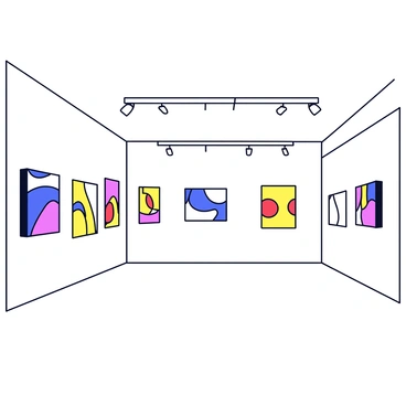 An art gallery with white walls showcasing a variety of abstract paintings. Each painting features bold colors and geometric shapes. The gallery is illuminated with bright ceiling lights that cast a clear glow over the artworks. There are sleek wooden floors that enhance the minimalist ambiance of the space.