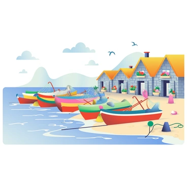 A quaint fishing village is set by the sea, showcasing a row of colorful wooden boats lined up along the shore. Each boat is equipped with various fishing nets resting on the decks, ready for the day's work. The scene includes small stone cottages with thatched roofs, adorned with vibrant flower boxes in front of the windows. Seagulls are soaring in the clear blue sky above, while gentle waves lap against the sandy beach. Fishing gear, such as ropes and buoys, is scattered around the area, completing the picturesque coastal setting.