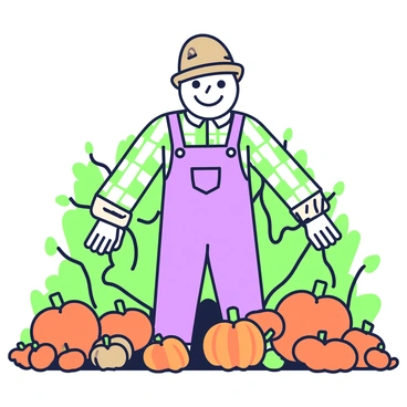 A cheerful scarecrow stands in the center of a pumpkin patch field. The scarecrow is wearing mismatched clothes, including a bright green checkered shirt and a pair of purple overalls. Its head is made of a burlap sack, with stitched features and a wide smile. Surrounding the scarecrow, there are numerous pumpkins of various sizes and shapes scattered across the ground. Some pumpkins are plump and round, while others are small and elongated. In the background, lush green vines and leaves add to the vibrant scene. The sky above is clear, allowing sunlight to illuminate the cheerful atmosphere of the pumpkin patch.