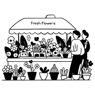 A bustling flower market stand filled with a variety of fresh blooms and greenery.