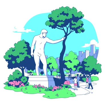 A large statue made of white marble stands in a vibrant city park, depicting a figure of a human gracefully interacting with a tree. The human figure is outstretched, with one hand gently touching the trunk of the tree, while the other hand is raised as if inviting nature closer. Surrounding the statue are lush green plants and colorful flowers, creating a natural setting that enhances the theme of harmony. The sky above is a bright blue, casting a serene light on the scene. In the background, people can be seen walking and enjoying the park, further showcasing the connection between humans and nature.