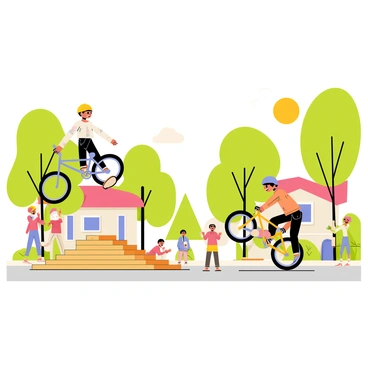 A quiet neighborhood street lined with green trees and cozy houses. Two children are riding BMX bicycles, one performing a trick by jumping into the air with the bike tilted sideways. The other child is preparing to take off from a small ramp made of wooden planks. Colorful helmets are worn by both kids for safety, and there is a small cheering crowd of other children nearby, clapping and encouraging their friends. The scene is filled with excitement and energy as the sun shines down on the playful activity.