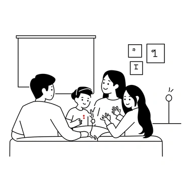 A family of four is sitting together on a couch in a cozy living room. The parents, a man and a woman, are smiling while watching a movie on a large screen. The man has short hair and is wearing a casual t-shirt, while the woman has long hair and is dressed in a comfortable sweater. Their two children, a boy and a girl, are sitting between them, both holding bowls of popcorn. The boy has a baseball cap on backwards, and the girl is wearing a bright t-shirt with a playful design. The living room features a warm atmosphere, with a soft rug underfoot and framed family photos hanging on the walls.