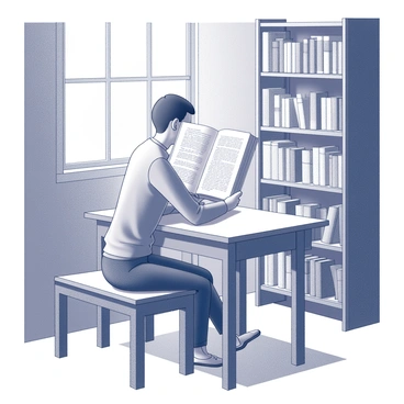 A person sitting at a wooden table in a library. They are slightly turned to the side, with their face obscured by an open book held up in front of them. The book's pages are filled with text, creating an impression of deep concentration. Surrounding the individual are tall bookshelves filled with various books, creating a sense of a vast collection of knowledge. Soft light filters through a nearby window, casting gentle shadows on the table and the floor.