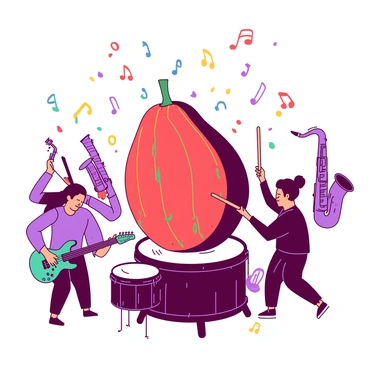 A playful scene of a melon being used as a drum in a lively band.