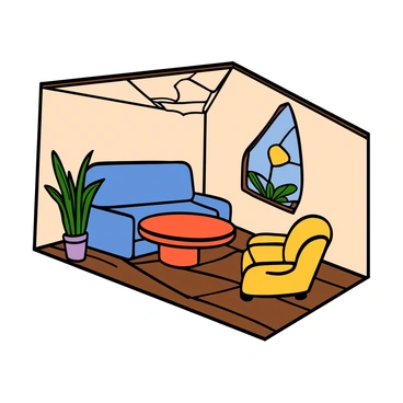 A room with light-colored walls and wooden flooring designed with an impossible angle. The furniture includes a bright blue couch positioned at a tilted angle, a round table with a red tablecloth, and a yellow armchair that appears to defy gravity. The ceiling features unusual geometric patterns that enhance the optical illusion, while a window with an unusual shape allows light to filter in, casting distorted shadows on the floor. A potted green plant sits in one corner, adding a splash of color to the scene.