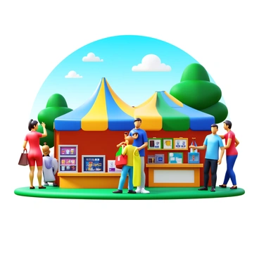 A pop-up shop set up in a park, featuring colorful tents and creative displays showcasing various products. There are curious customers interacting with the displays, examining items with interest. Some customers are holding shopping bags, while others are engaged in conversation. The background includes green trees and a clear blue sky, enhancing the lively atmosphere of the outdoor setting.