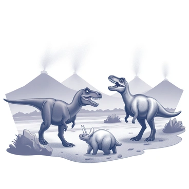 A prehistoric landscape with a rugged terrain characterized by rocky outcrops and sparse vegetation. A large T-Rex is depicted in the foreground, showcasing its muscular build and sharp teeth, standing on powerful legs with a fierce expression. Nearby, a Triceratops is positioned, displaying its distinctive three horns and large frill, grazing on low foliage. In the distance, several volcanoes dominate the skyline, with billowing smoke and ash rising from their peaks. The scene conveys a sense of raw, untamed nature.