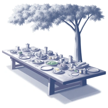 A long wooden table is set in a lush green clearing, with a large tree providing shade above. The table is overflowing with a variety of dishes, including roasted meats, freshly baked breads, and vibrant vegetable platters. There are also bowls filled with fruits and jars of honey, alongside pitchers of beverage. Each place setting features rustic wooden plates and utensils, inviting and arranged with care. The scene captures a sense of abundance and festivity, with the sunlight filtering through the tree branches, creating dappled patterns on the table.