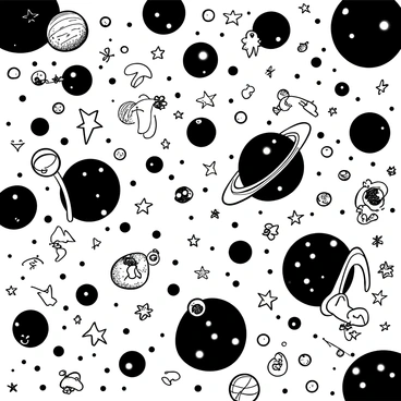 A vast cosmic scene depicting various "stars" and "planets" scattered across the backdrop of outer space. Numerous "mathematical equations" are illustrated in a floating manner, interspersed among the celestial bodies. The stars vary in size and brightness, while the planets differ in shape and dimension, some featuring rings or surface details. The equations are intricately designed, appearing as if they are part of the cosmic environment, giving a sense of depth and motion to the scene.