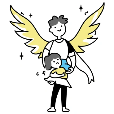 A heroic figure with muscular build, adorned in shining armor, stands with a determined expression. The figure has "fiery wings" that spread majestically, flames flickering at the edges. Below, a person in distress is safely held in the hero's arms, their face showing relief. The surrounding environment is minimalistic, focusing on the dynamic pose of the hero and the vibrant colors of the wings.