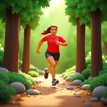 A runner in a bright red shirt and black shorts is trail running through a dense forest. Tall trees with thick trunks and lush green leaves surround the runner. Sunlight filters through the canopy, casting dappled shadows on the forest floor. The ground is covered with fallen leaves and small rocks, creating a natural pathway. The runner's hair flows behind them as they navigate the winding trail, showing determination and focus on their face.