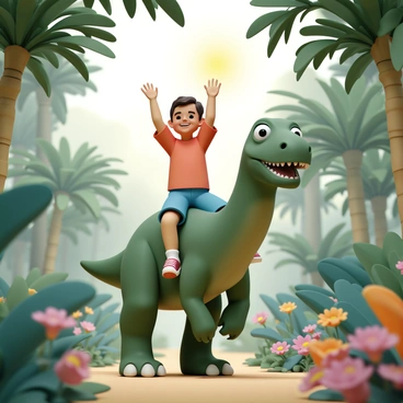 A child, wearing a bright red t-shirt and blue shorts, is joyfully riding on the back of a large, friendly green dinosaur with smooth scales. The dinosaur has a wide smile and big, warm eyes, exuding a gentle demeanor. The child is toasting both hands in the air with a big smile. Surrounding them is a lush prehistoric jungle filled with tall ferns, leafy trees, and colorful tropical flowers. In the background, the sun filters through the dense canopy, casting dappled light on the scene. The atmosphere is vibrant and lively, showcasing the wonders of the prehistoric world.