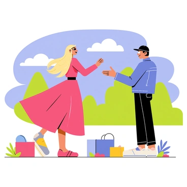 A photographer wearing a black baseball cap and a denim jacket is directing a model during an outdoor fashion shoot. The model has long flowing blonde hair and is wearing a stylish, vibrant red dress that billows in the wind. The background features a bright blue sky with fluffy white clouds and lush green trees, creating a lively atmosphere. The photographer holds a camera, positioning it at eye level, while gesturing towards the model to create a dynamic pose. There are several colorful props scattered around the scene, adding an extra flair to the fashion shoot.