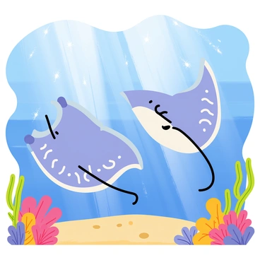 A pair of manta rays swimming gracefully in an underwater scene. The manta rays have large, wide wings with intricate patterns in shades of blue and white. Sunlight filters through the water above, creating shimmering patterns on the sandy ocean floor. Colorful coral and marine plants surround the manta rays, adding vibrant colors to the scene. The manta rays appear to be moving in synchrony, creating a dynamic sense of movement in the peaceful underwater environment.