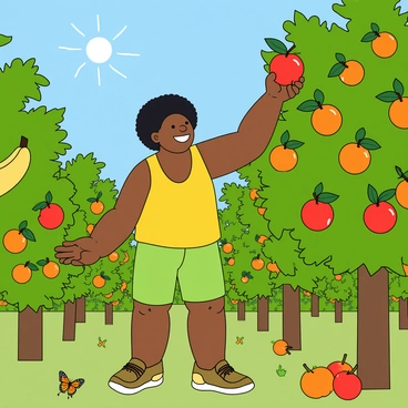 A person with dark skin and curly hair is joyfully picking ripe fruits from a vibrant tropical orchard. They are wearing a bright yellow tank top and green shorts. The orchard is filled with lush green trees heavy with colorful fruits like red apples, orange oranges, and yellow bananas. The sun is shining brightly from a clear blue sky, casting cheerful light on the scene. The person has a big smile on their face as they reach up to pluck a shiny red apple from a tree branch. There are a few scattered fruits on the ground, and a colorful butterfly flutters nearby.