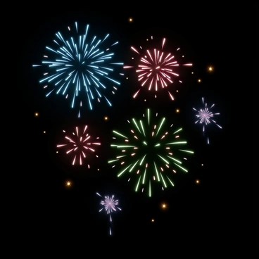 A dark night sky filled with vibrant fireworks exploding in various colors. Bright blues, reds, greens, and golds illuminate the sky as the fireworks burst into intricate patterns. The explosions create a vivid contrast against the deep black backdrop of the night. Some fireworks are cascading down like shimmering waterfalls, while others form star-like shapes, leaving trails of light that gradually fade away. The scene captures the energy and excitement of the moment, with the dazzling display captivating onlookers below.