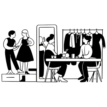 Models standing in a bustling backstage area, each engaged in different activities. One model is adjusting a stylish dress while another is applying makeup in front of a large mirror. Several clothing racks are filled with various outfits, and makeup tools are scattered across a nearby table. A makeup artist is carefully applying foundation on a model's arm. The atmosphere is filled with energy as models chat and prepare for the upcoming show.