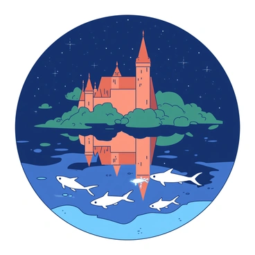A duotone illustration shows a white mystical lake reflecting an orange castle against a dark, starry night sky. The surface of the lake is smooth and mirrors the castle perfectly, creating a sense of symmetry. Beneath the water, several glowing fish are swimming, illuminating the lake with an otherworldly glow. The surrounding area is dotted with lush greenery, adding to the enchanting atmosphere of the scene.