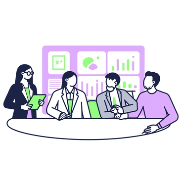 A group of doctors and researchers is gathered around a large round table at a medical conference. There are three men and two women in the group. One woman with long hair is wearing a navy blazer and glasses, actively presenting her findings using a green tablet. A man with a beard, wearing a white lab coat, is taking notes on a notepad. Another woman, dressed in a gray suit, is listening attentively, with a thoughtful expression. To the right, a man with short hair in a blue shirt is holding a pen and is engaged in the discussion. In the background, a large screen displays a medical infographic with graphs and data points.