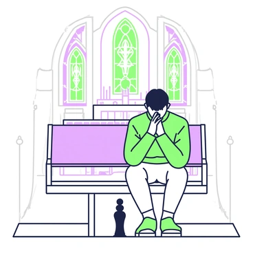 A person is sitting quietly on a wooden pew inside a church. The individual has their head bowed and hands clasped in front of them, signifying a posture of prayer. The interior of the church is adorned with tall stained glass windows that filter light into the space. Candles are lit on an altar in the background, providing a warm glow. The architecture features high arches and wooden beams, creating a sense of tranquility. The atmosphere feels calm and reflective, with the individual deeply immersed in their moment of silent prayer.