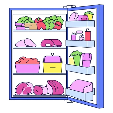 A refrigerator with clear shelves showing an organized layout. The bottom shelf contains various raw meats, including chicken, beef, and pork, all neatly packaged. Above that, the top shelf holds an assortment of fresh vegetables, such as bright green broccoli, vibrant red bell peppers, and crisp lettuce. Labels on the containers indicate the contents, promoting proper food storage practices. The interior of the refrigerator is well-lit, showcasing the vibrant colors of the vegetables and the neatly arranged meats below.