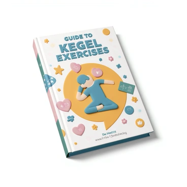 A book cover titled "Guide to Kegel Exercises". The cover features a bright and colorful design with various illustrations related to the theme of fitness and well-being. In the center, there is an illustration of a stylized human figure demonstrating a Kegel exercise, surrounded by symbols of health such as hearts and flowers. The background is filled with abstract shapes and vibrant colors, creating an engaging visual appeal. The title "Guide to Kegel Exercises" is prominently displayed at the top in bold, easy-to-read font.