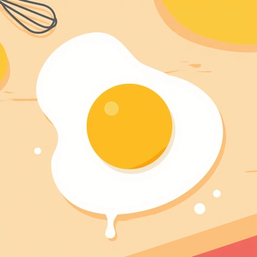 A cracked egg on a wooden kitchen counter with its shell in two halves. The bright yellow yolk is sitting in the center, surrounded by a clear, viscous egg white that is spilling out and spreading across the surface of the counter. Tiny droplets of egg white are scattered around, glistening in the light. The kitchen scene includes hints of other cooking tools in the background, such as a whisk and a bowl.