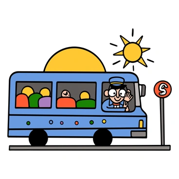 A cheerful cartoon bus driver with light skin and big eyes is waving to passengers from the open bus window. The driver has short black hair, wearing a blue uniform cap and a matching shirt. Inside the bus, colorful seats can be seen in the background, and there are playful patterns on the walls. The bus is parked at a bus stop with a bright sunny day in the backdrop, emphasizing a lively atmosphere.
