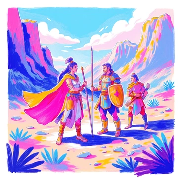 A diverse team of warriors stands posed for battle in a rugged landscape. Each warrior exhibits unique attire and armor that reflects their individual cultures and backgrounds. In the foreground, a tall woman with intricate tribal tattoos wears a flowing cloak and wields a spear. Beside her, a muscular man adorned in heavy armor holds a shield and sword, his stern expression indicating readiness. Another warrior, a nimble figure in leather gear, grips a bow and arrow, positioned slightly behind the others. The landscape surrounding them features rocky terrain, sparse vegetation, and dramatic cliffs under a cloudy sky, enhancing the tense atmosphere.