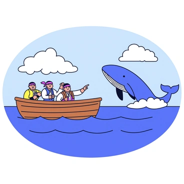 A group of pirates on a wooden ship, wearing rugged clothing and bandanas. They are excitedly pointing towards a massive whale breaching the surface of the ocean nearby. The whale is shown with its large body arched half out of the water, creating a splash. The sea is depicted in varying shades of blue, with gentle waves surrounding the ship. The sky above is clear with a few fluffy white clouds.