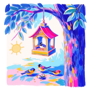 An intricately designed bird feeder is hanging from a sturdy tree branch. The bird feeder is made of a combination of wood and metal, featuring ornate carvings and vibrant colors. It has a sloped roof, providing shelter for the birds. Below the feeder, several small birds of various species, including bluejays and finches, are gathered, pecking at the seeds inside. The tree also has lush green leaves, creating a natural canopy around the scene. Sunlight filters through the branches, casting dappled shadows on the ground below.