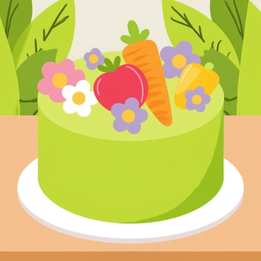 A garden-themed gateau featuring a round cake covered in smooth green fondant. The top of the cake is adorned with intricately shaped fondant vegetables including a bright red tomato, vibrant orange carrots, and a yellow bell pepper. Surrounding these vegetables are colorful fondant flowers in shades of pink, purple, and white, creating a lively garden scene. The cake sits on a wooden table, with a backdrop of leafy greens that enhance the garden theme.