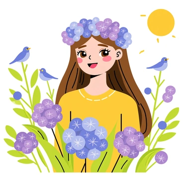 A young girl wearing a crown made of fresh hydrangeas, smiling in a sunny garden