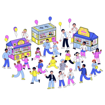 A vibrant park festival scene filled with colorful food stalls featuring various cuisines, each adorned with bright banners. There are several game booths, including a ring toss and a dart throwing game, with playful decorations. Groups of people of different ages are scattered throughout the park, some laughing and playing games, while others are enjoying food from the stalls. Children are seen running around, and balloons in various colors float above the crowd, enhancing the festive atmosphere.