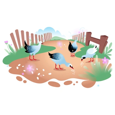 A lively flock of guinea fowls is pecking at seeds scattered on the ground in a farmyard. The guinea fowls have distinctive spotted feathers, with a mix of dark blues and whites. Sunlight casts soft shadows on the dirt path, enhancing the warm tones of the farmyard. Various patches of green grass surround the area, and a rustic wooden fence is visible in the background. A few flowers are blooming nearby, adding vibrant colors to the scene.