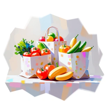 A collection of stylish reusable shopping bags displayed prominently, each filled with an assortment of fresh produce. One bag contains bright red tomatoes and vibrant green cucumbers, while another is filled with leafy kale and a cluster of bananas. A third bag features an array of colorful bell peppers in red, yellow, and green. The bags showcase different patterns and colors, adding visual interest to the scene, with some bags having floral designs and others with geometric shapes. The fresh produce spills slightly over the edges of the bags, emphasizing their abundance and freshness.