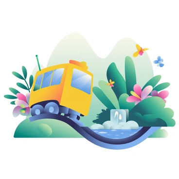 A vibrant toy tram, painted in bright yellow and blue, is riding along a winding track in the foreground. Surrounding the tram is a miniature rainforest filled with tiny exotic plants, including deep green ferns and colorful orchids with pink and purple petals. The scene includes small, intricate details such as a tiny waterfall cascading over smooth rocks and a few miniature creatures like colorful butterflies flitting around. The tram is positioned on a raised section of the track that offers a view over the lush greenery, creating a sense of depth and immersion in the miniature landscape.