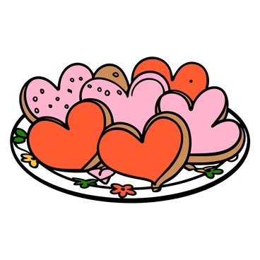 A plate filled with freshly baked heart-shaped cookies. Each cookie is decorated with colorful icing in various shades, including pink, red, and white. The cookies are arranged neatly on a decorative plate with a floral pattern. A few sprinkle decorations are scattered on top of the icing, adding texture. The background is softly blurred, emphasizing the vibrant colors and delightful shapes of the cookies on the plate.