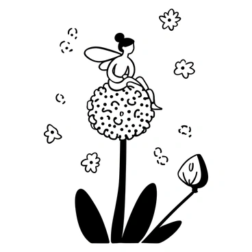 A small fairy with delicate wings perched on a large allium flower. The allium flower displays a spherical cluster of tiny florets, with intricate details on each petal. Surrounding the fairy are numerous glowing lights that float gently in the air, casting a soft illumination around the scene. The fairy's dress appears to blend harmoniously with the flower, adding to the enchanting atmosphere.