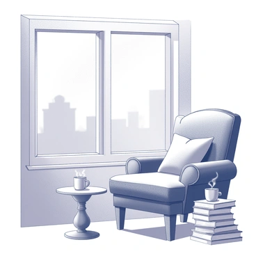 A reading nook located by a large window. The space includes a plush, comfortable chair with soft cushions. Next to the chair, there is a stack of books piled up neatly, showcasing various titles. The sunlight filters gently through the window, casting soft shadows in the room. A small side table stands next to the chair, featuring a steaming mug placed on its surface. The overall ambiance suggests a perfect spot for cozy reading.