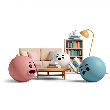 A group of colorful cartoon-style cells, each representing a different type of cell, are gathered in a cozy living room. The living room features a comfortable sofa with fluffy cushions and a wooden coffee table filled with books. One cell, resembling a red blood cell, is animatedly sharing its favorite read. Nearby, a white blood cell, with a thoughtful expression, is holding a book with a cover featuring a microscope. A blue cell, representing a neuron, is leaning back on the sofa, flipping through a thick book with a brain illustration on the front. Warm lighting from a floor lamp creates a welcoming atmosphere, while a bookshelf in the background is filled with various science and literature books. Each cell's expression reflects enthusiasm and engagement in their discussion about reading.
