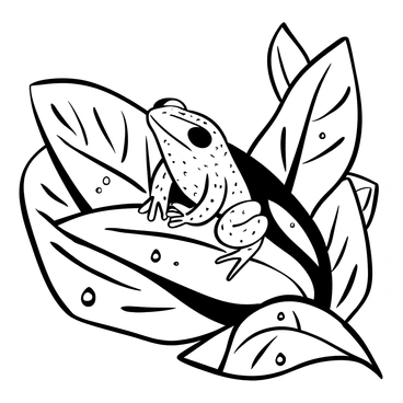 A tree frog perched on a large tropical leaf, its body in a compact position. The frog is detailed with various textures on its skin. Rain droplets are scattered across the leaf's surface, reflecting light in a striking manner. The background features additional tropical foliage, enhancing the jungle atmosphere.