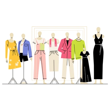 A sleek fashion showroom with bright white walls and polished wooden floors. Inside, six mannequins are arranged in a semi-circle, each showcasing trendy seasonal outfits. The first mannequin wears a vibrant yellow dress with floral patterns, while the second features a stylish denim jacket paired with a white t-shirt and black skinny jeans. The third mannequin displays a chic summer jumpsuit in pastel colors, and the fourth is adorned in a bold red coat with a matching scarf. The fifth mannequin showcases a casual yet fashionable outfit with a green oversized sweater and beige trousers. The final mannequin wears a classic black evening gown with elegant details. Soft lighting highlights the outfits, creating a modern and inviting atmosphere.